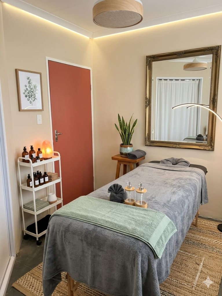Professional massage treatment room with massage table and calming decor